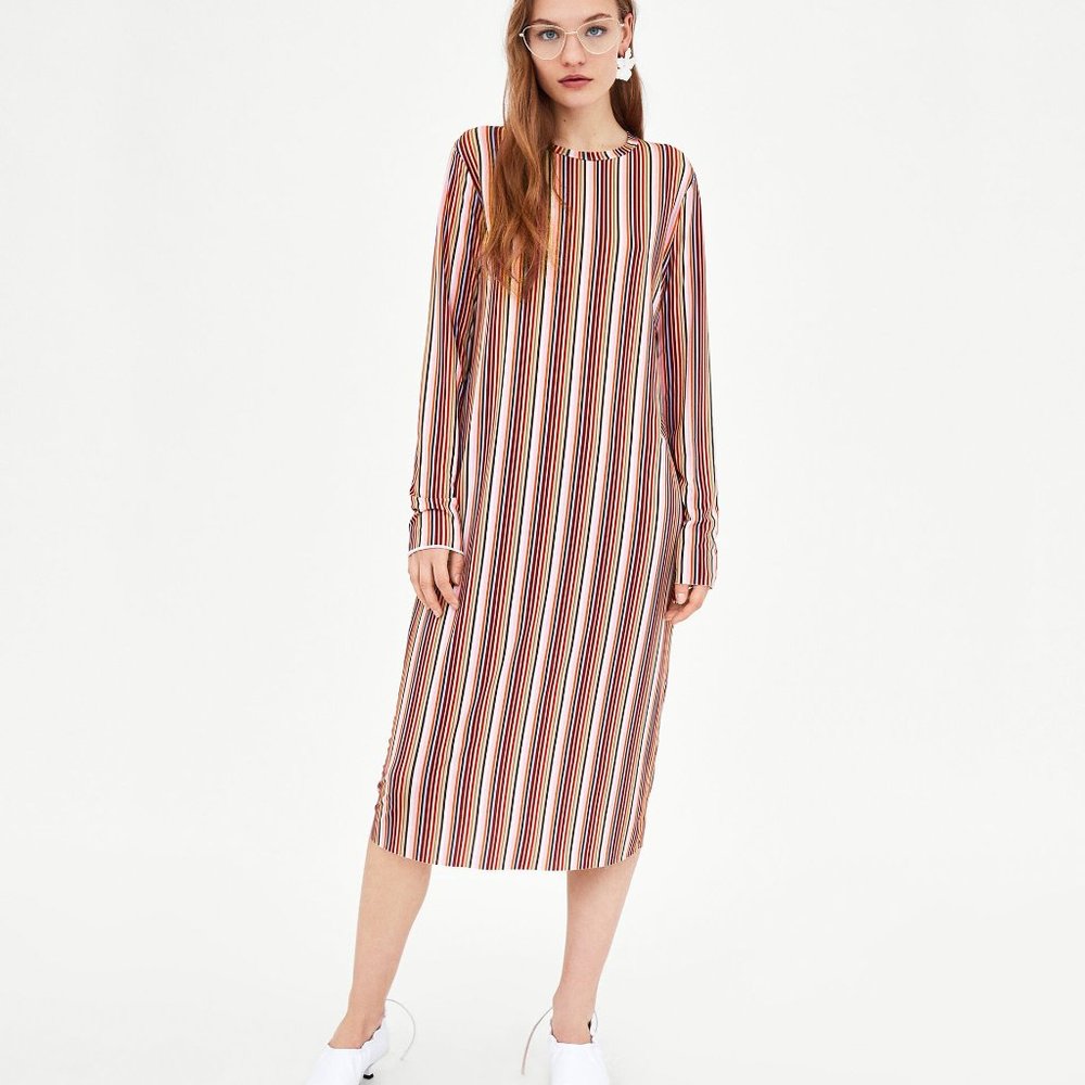 Zara Color Printed Striped Long Sleeve Midi Dress